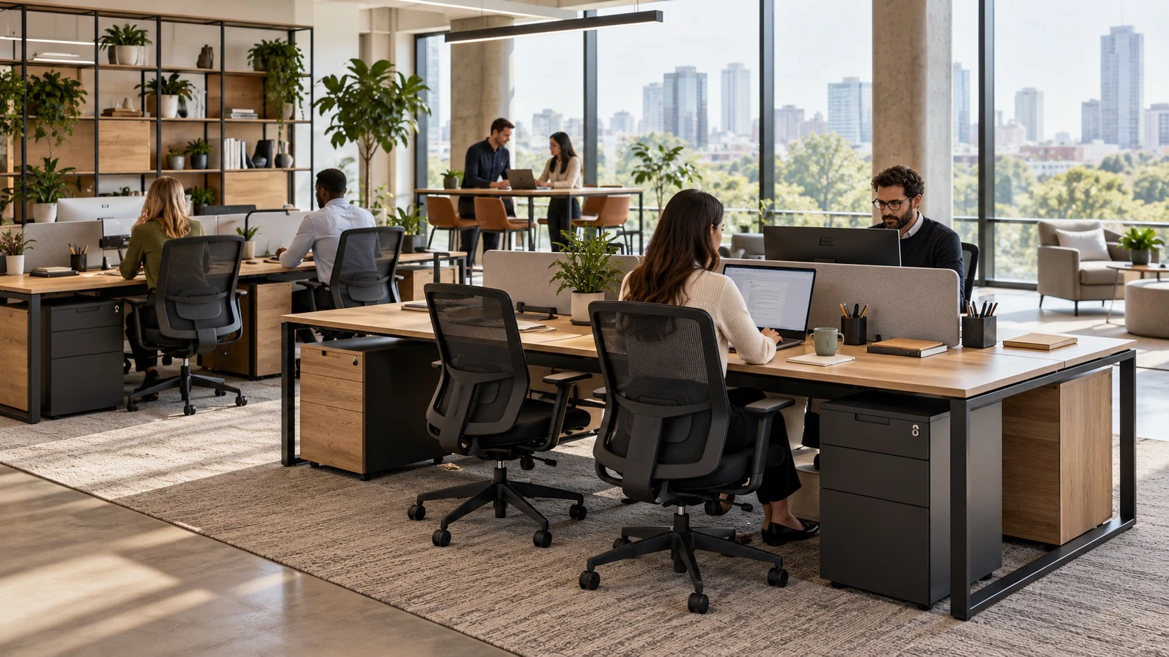 Team working across coordinated oak workstations in a bright office.